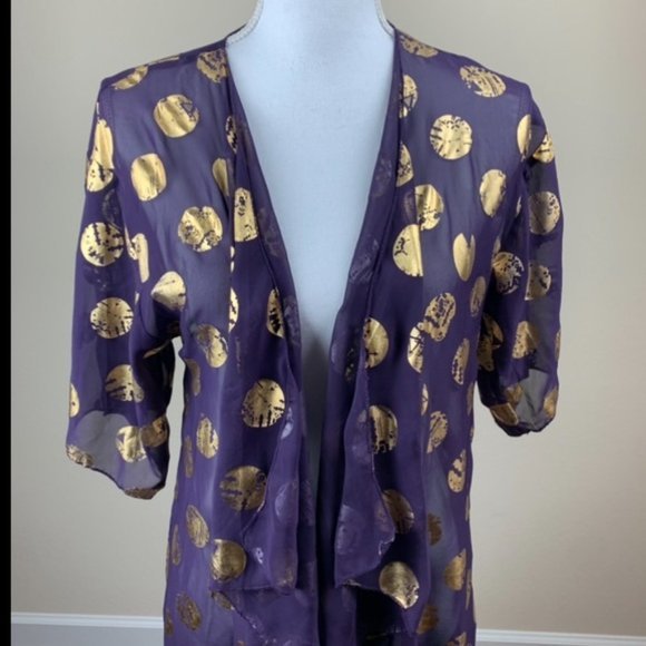 LulaRoe Purple & Gold Polka Dot Fringe Boho Kimono‎ small - Picture 8 of 16